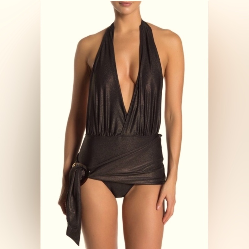NWT Nicole Miller plunging swimsuit with wrap and tie holder